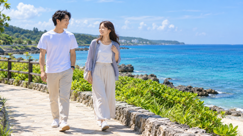 沖縄の海辺を半袖と薄手の羽織で歩く旅行者